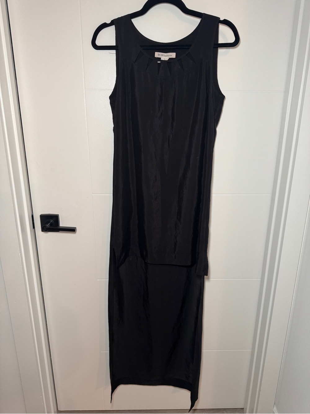 BCBG Black Sleeveless Layered Midi Dress with Cutout Detail